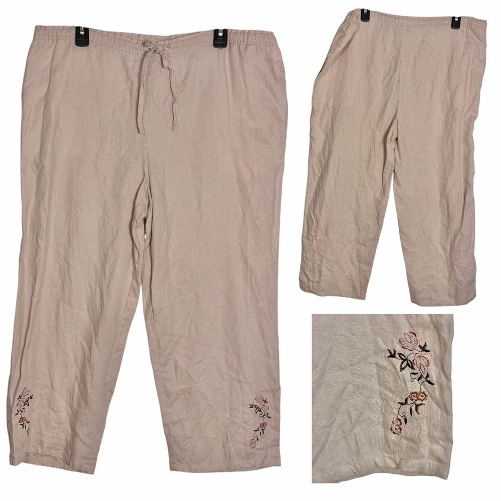 Style & Co Cropped Pants 100% Linen Pink Drawstring Pockets Embroidery Size L
